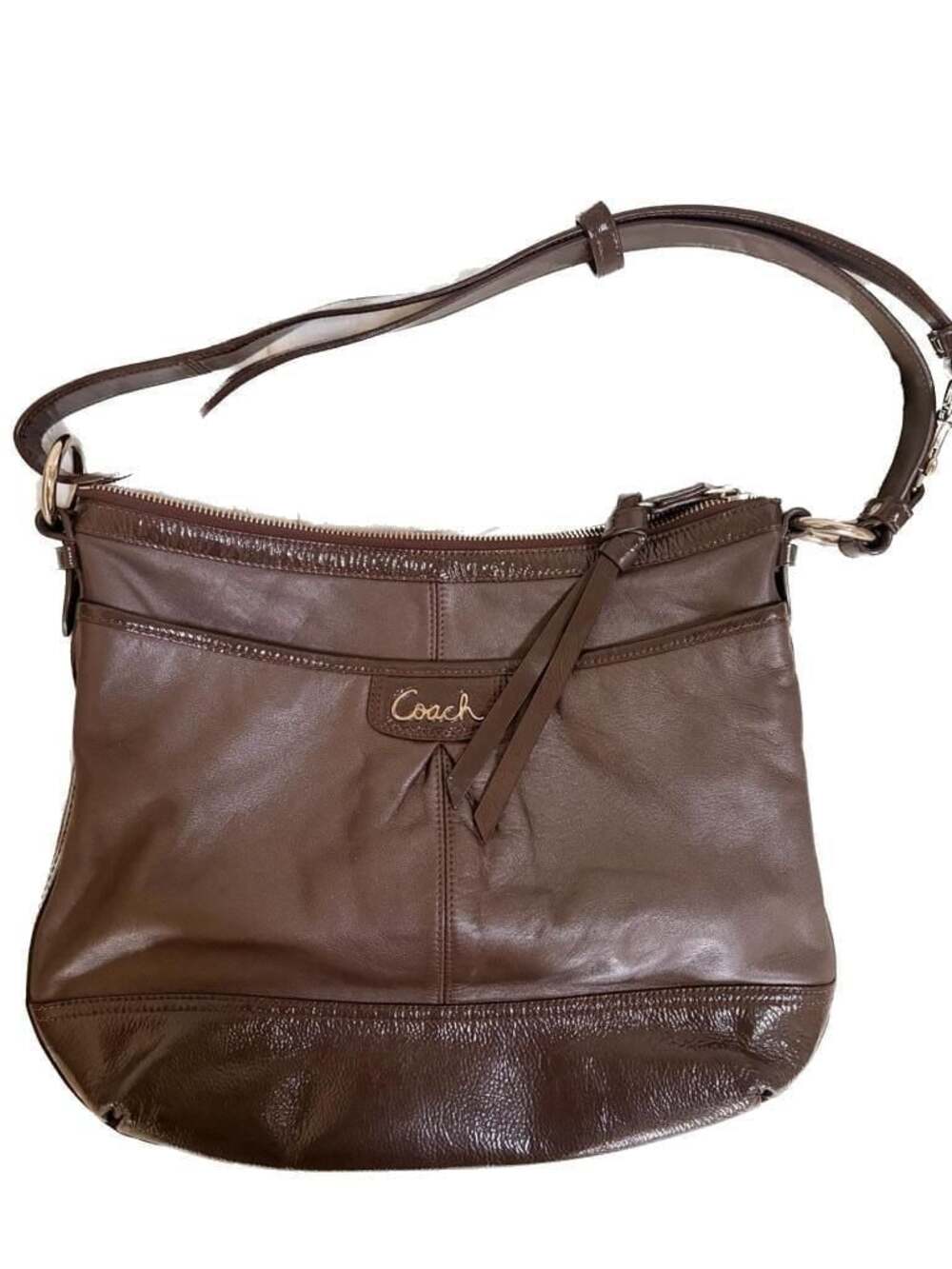 Coach F19726 Brown Leather and Patent Leather Convertible Shoulder Bag